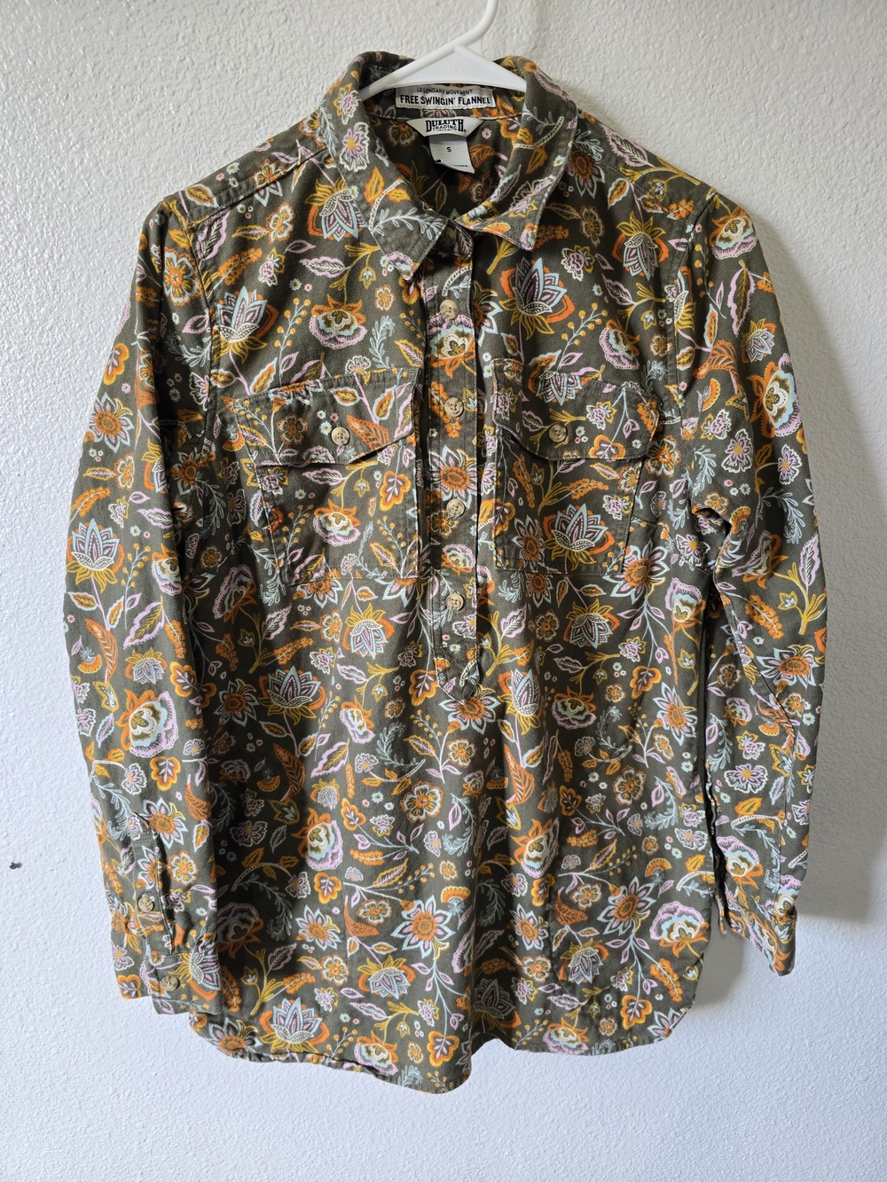 Duluth Trading Co Free Swingin Flannel Tunic Olive Green Floral Paisley Small